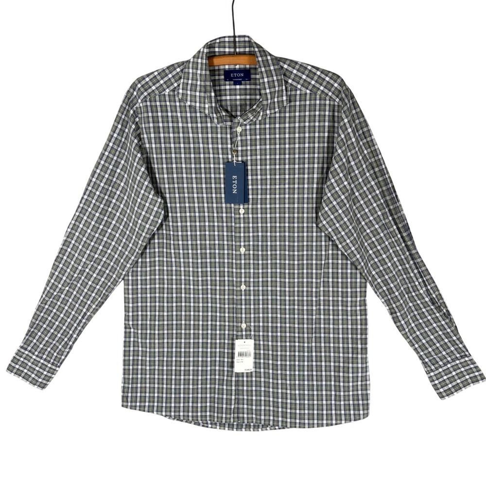 Eton Contemporary Fit Linen Cotton Plaid Button Down Shirt Green Navy 16.5 42 L